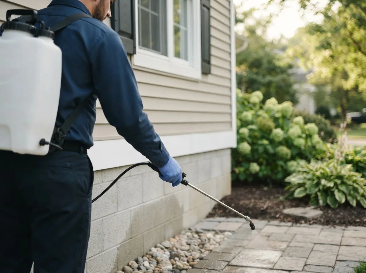 Pest control technician inspecting a home in Chippewa Lake, OH